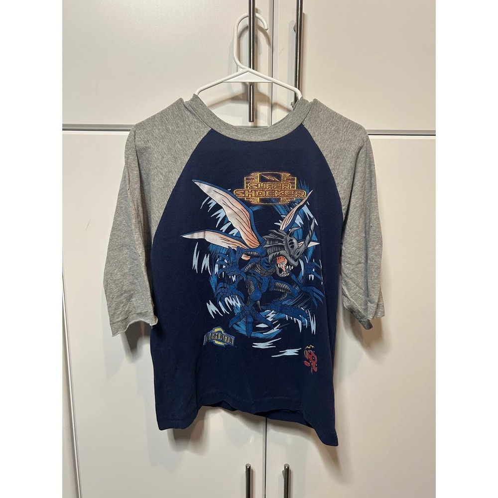 Vintage Digimon Super Shocker Kabuterimon Raglan Shirt Navy Grey 3/4 Sleeve Tee